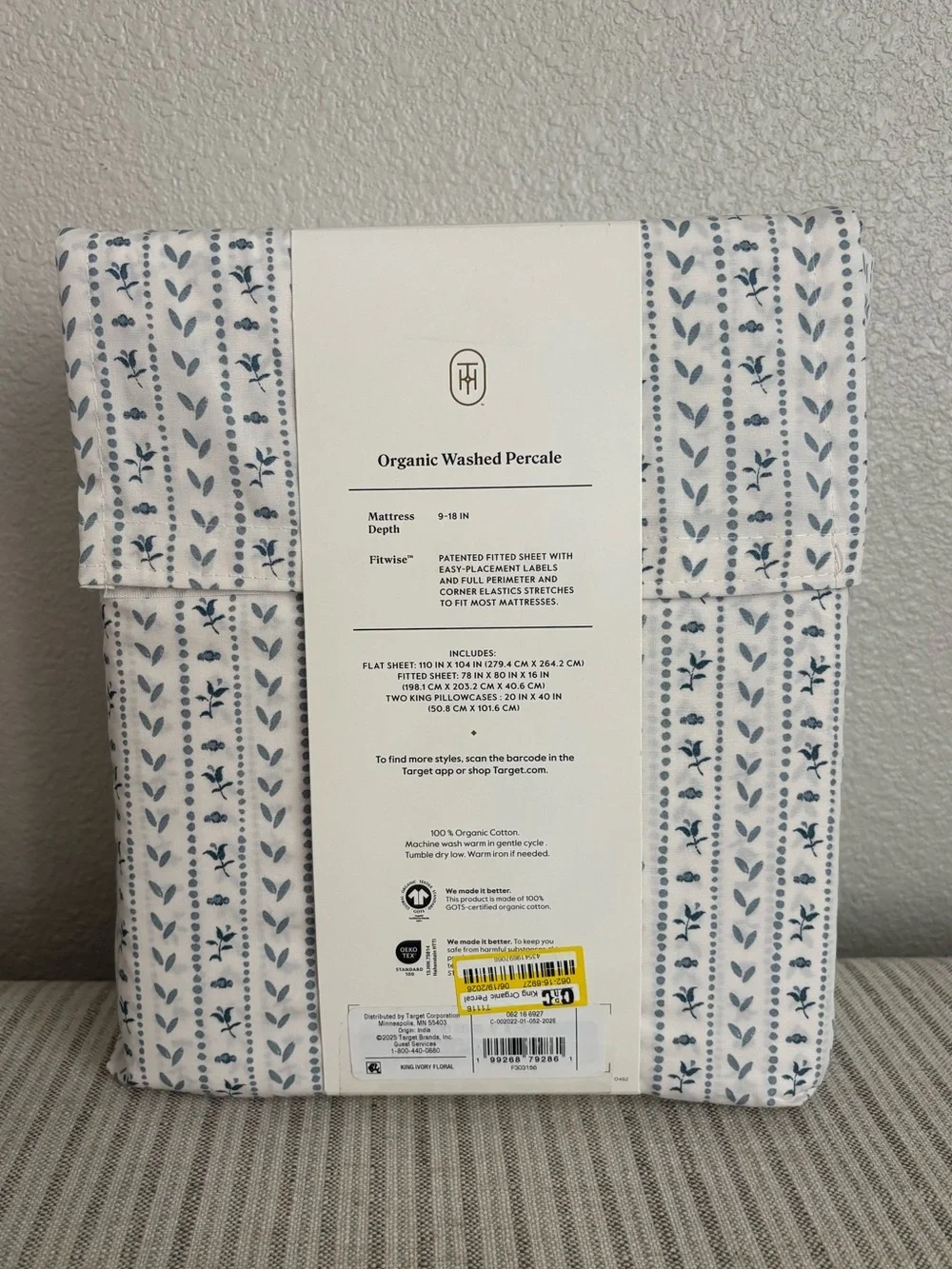 NWT King Organic Percale Printed Sheet Set Ivory Floral Stripe - Threshold